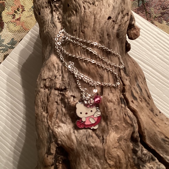 Handmade Hello Kitty Pink Red White Silver Charm Pendant Necklace 14” - Picture 1 of 4